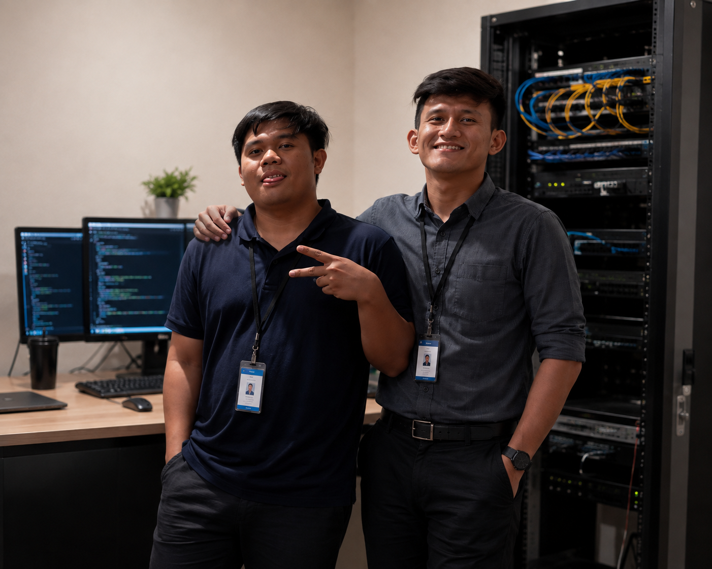 Comtech Technical Team in front of server rack and workstations